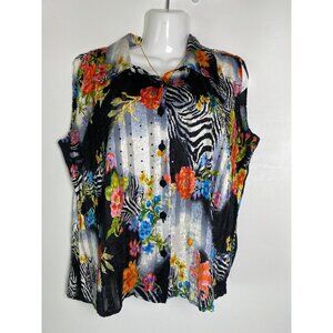 Alberto Makali Womens Zebra & Floral Print Sleeveless Blouse M